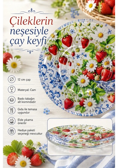 6 Lı Cam Çay Tabağı Çilek Ve Papatya Desenli 12 Cm 6 Adet Çay Tabak Kırmızı
