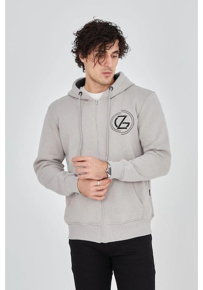 Mbb E-ticaret Erkek 3 İplik Pamuklu Fermuarlı Kapüşonlu Kanguru Cepli Baskılı Hoodie Hırka Sweatshirt - Boyalı Gri