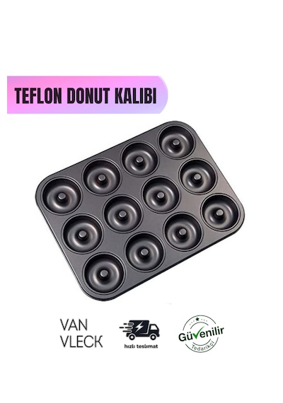 Teflon Donut Kalıbı Dayanıklı, Yapışmaz Ve Pratik Pişirme Kalıbı 12 Bölmeli Antrasit