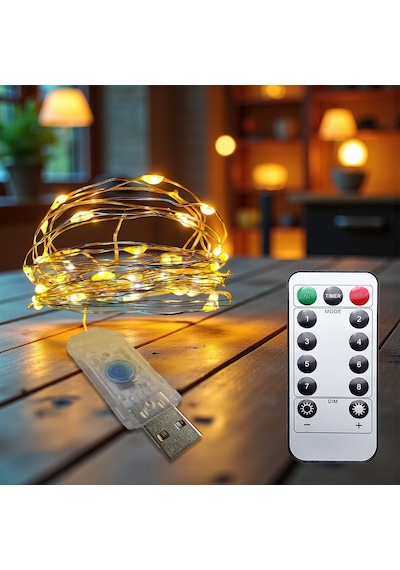 Upway 5 Metre Günışığı Kumandalı 50 Led Işık - Usb Dekoratif Aydınlatma Sarı