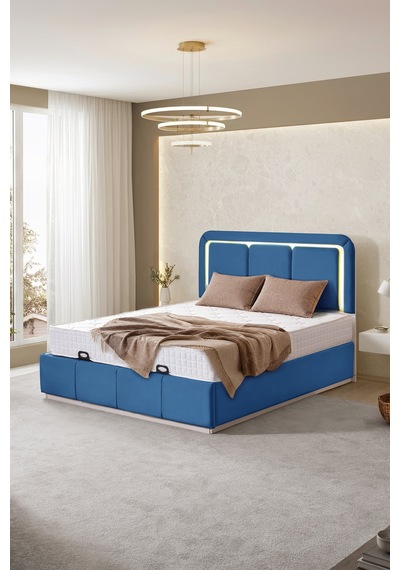 Demonte Baza Seti, Nox Ledli Çift Kişilik Baza Başlık Seti - İkili Set, Mavi - 160x200 Cm 160 x 200