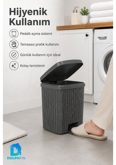 Jute Pedallı Çöp Kovası Kapaklı Banyo Mutfak Wc Ofis Atık Kovası 23x23x26 Cm Siyah