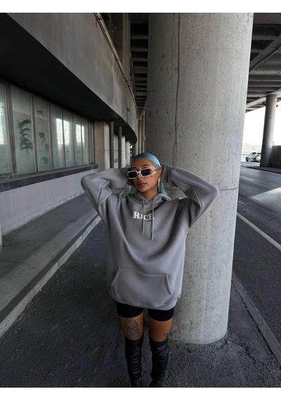 Mbb E-ticaret Kadın Kapüşonlu Kanguru Cepli Sweatshirt 3 İplik Pamuklu Baskılı Hoodie - Gri