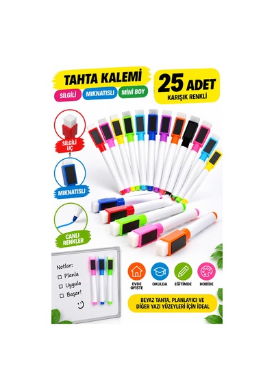 Mini Tahta Kalemi 25 Adet Karışık Renkli Silgili Mıknatıslı Yazı Tahtası Kalemi