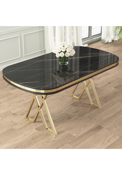 Nisare Serisi 90x168 Lak Panel Siyah Mermer Desen Masa Takımı Gold Ayaklı 6 Sandalye Siyah Mermer - Siyah Nisare Serisi 90x168 Lak Panel Siyah Mermer Desen Masa Takımı Gold Ayaklı 6 Sandalye Siyah Mermer - Siyah