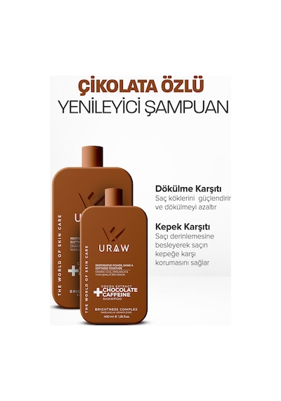 Uraw Çikolata Kafein İçerikli Yoğun Onarım ve Parlaklık Veren Şampuan 400 ML