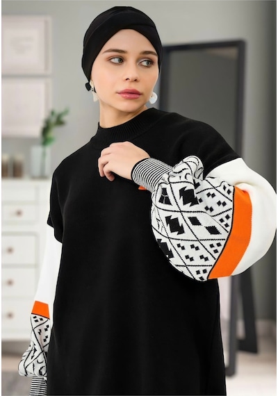 Azra Giyim İst Kolları Desenli Triko Tunik Siyah