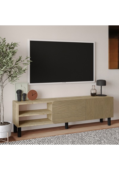 İnarch Dizayn River 150 Cm Modern Tv Sehpası Kapaklı Ve Raflı Tasarım Safir Meşe
