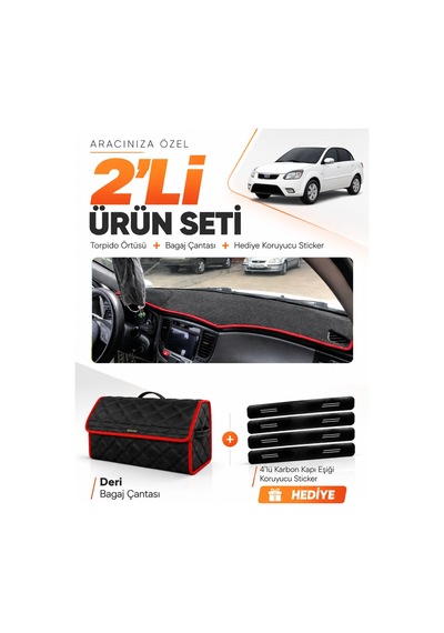 E-biz Kia Rio Pride 2005-2011 Uyumlu Torpido Örtüsü + Deri Bagaj Çantası - Siyah-kırmızı - Kı012
