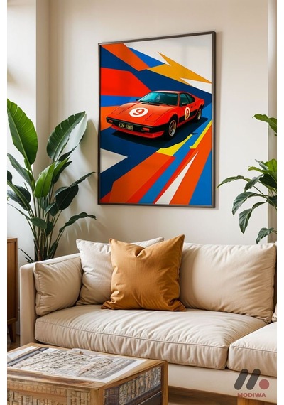 Kırmızı Yarış Arabası Pop Art, Siyah Çerçeveli Duvar Tablosu - Oto Severlere Özel Hediye
