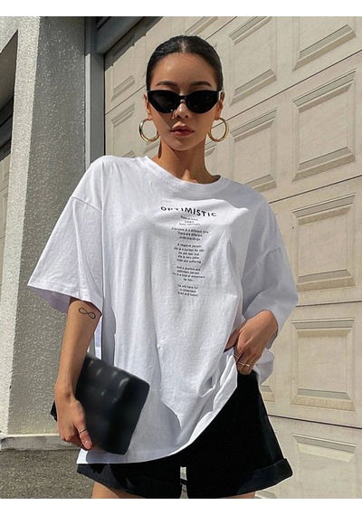 Flood Of Style Kadın Beyaz Optımıstıc Baskılı Oversize Bisiklet Yaka Tshirt