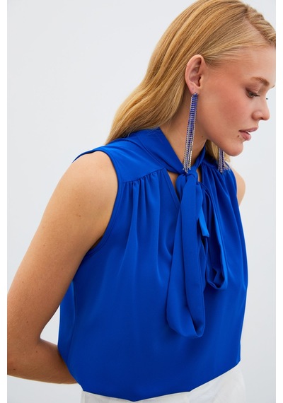 Sateen Fularlı Kolsuz Bluz - Saks Mavisi