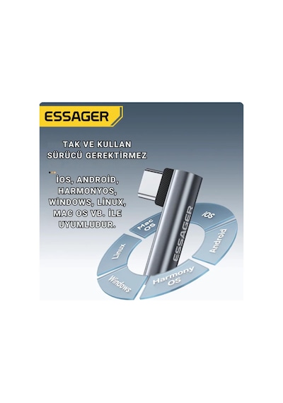 Essager L Tipi Type-c To 3.5mm Aux Dönüştürücü Type-c To 3.5mm Kulaklık Dönüştürücü Ses Dönüştürücü Kablo -