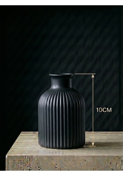 Premium - Mat Siyah - 10cm - Kendinden Kokulu - Çizgili Pampas Vazosu