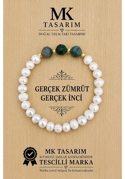 Gerçek İnci Gerçek Zümrüt Bileklik Mk.7000.827- Rahatlık-dinginlik-enerji- Stres Bilekliği Çok Renkli