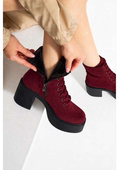 Dabab Shoes Melvıan Kadın Bordo Lüks Süet Bağcıklı Fermuarlı İçi Kürklü 8 Cm Kalın Topuklu 3 Cm Platform Bot Bootie