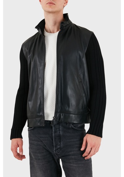 Emporio Armani Deri Dik Yaka Fermuarlı Ceket Erkek Ceket Em007276 Af29262 Uc001 Siyah