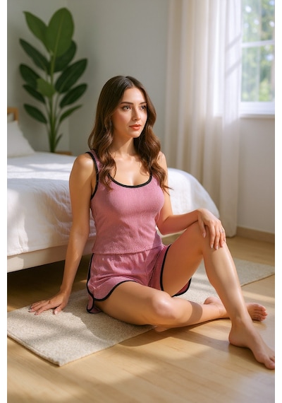 Bella Notte Pamuklu Siyah Biyeli Şortlu Pijama Takımı Pembe