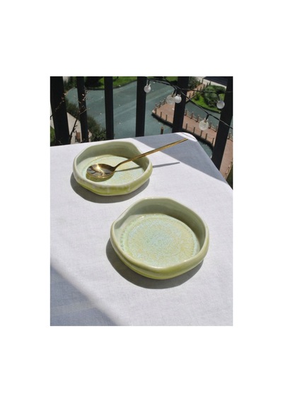 2 Adet Yeşil Porselen Kıvrımlı Mini Fırın Kabı 14 Cm Küçük Boy Sunum Tabak Meze Salata Tabağı Asimetrik