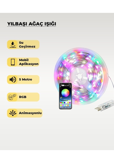 Yılbaşı Ağacı Şerit Led - 10 Metre- Telefondan Kontrol - Ses Duyarlı 5 METRE