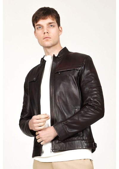 Dericlub Arthur Erkek Dik Yaka Slim Fit Gerçek Deri Mont Kestane Kestane