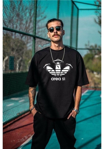 Flood Of Style Erkek Beyaz Area 51 Baskılı Oversize Bisiklet Yaka T-shirt
