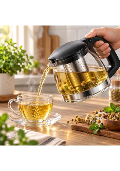 Süzgeçli Borosilikat Cam Demlik Paslanmaz Çelik Filtreli, Ergonomik Kulplu Bitki Çayı & Yaprak Çay Demliği 70 Diğer