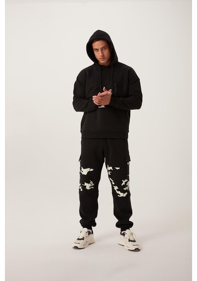 Polostate Erkek Kamuflaj Baskılı Kapüşonlu Sweatshirt Siyah