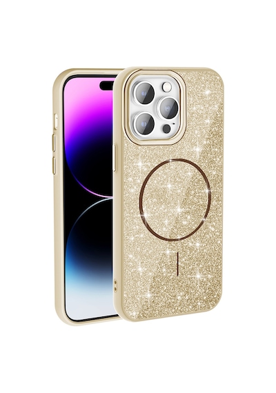 Zore İphone 14 Pro Max Kılıf Magsafe Şarj Özellikli Parlayan Simli Ogaa Okso Kapak - Gold