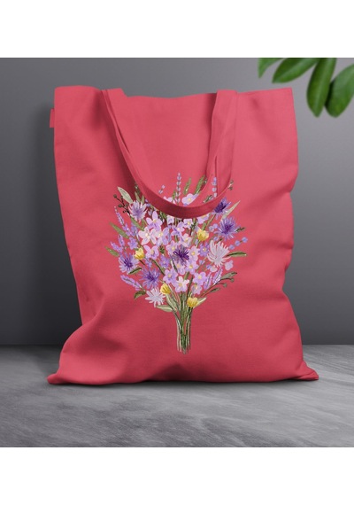 Bk Gift Çiçek Tasarımlı-9 Kırmızı Kumaş Bez Çanta, Baskılı Omuz Çantası, Alışveriş Çantası, Arkadaşa Hediye