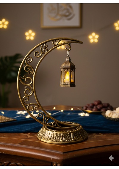 Dodomar 28 Cm Ramazan Dekoratif Masa Üstü Led Lamba Seti - Eskitme Gold Hilal - Kancalı Diğer