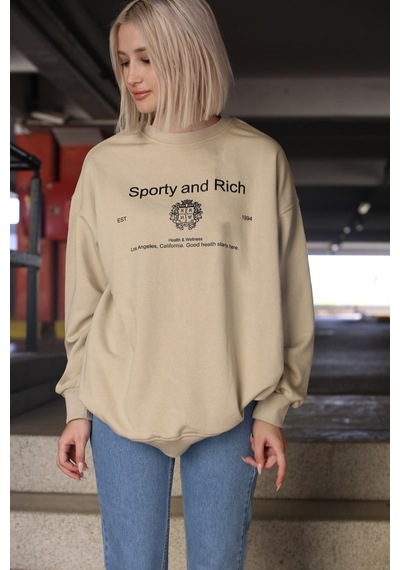 Bej Bisiklet Yaka Baskılı Oversize Kadın Sweatshirt Mg1577
