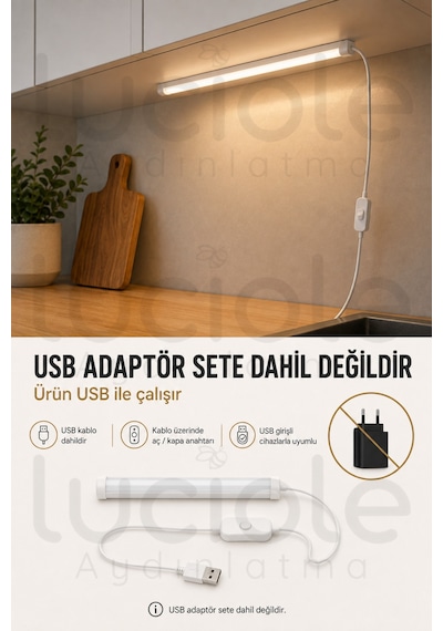 Günışığı 50 Cm Dolap Altı Led Lamba Usb 5v Yapışkanlı Anahtarlı Mutfak Tezgah Raf Işığı