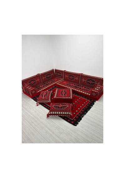 Sedir Deseni Şark Köşesi Takımı Yer Minderi Seti Sünger Dahil 13 Parça Çökmeyen Sünger Kırmızı
