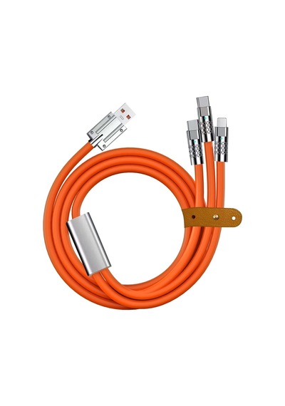 Valkyrie 6A 3in1 Lighting Type-c Micro Sıvı Silikon Data Hızlı Şarj Kablosu Bakır Döşeme Kablo Turuncu