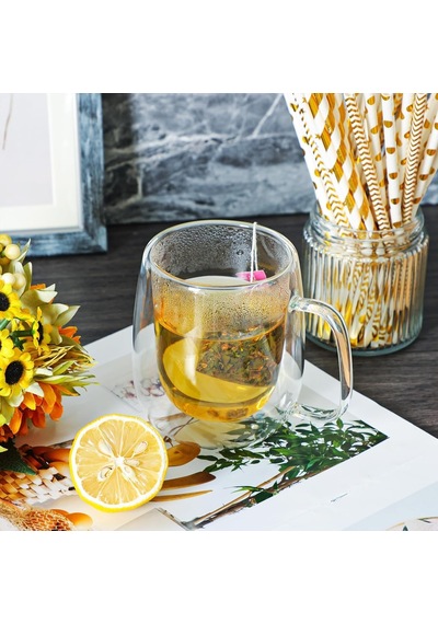 Borosilikat 2 Adet Çift Cidarlı Kupa Bardak, 250 Ml Kulplu Cam Çay Kahve Süt Kupa Borosilikat Bardak çok renkli