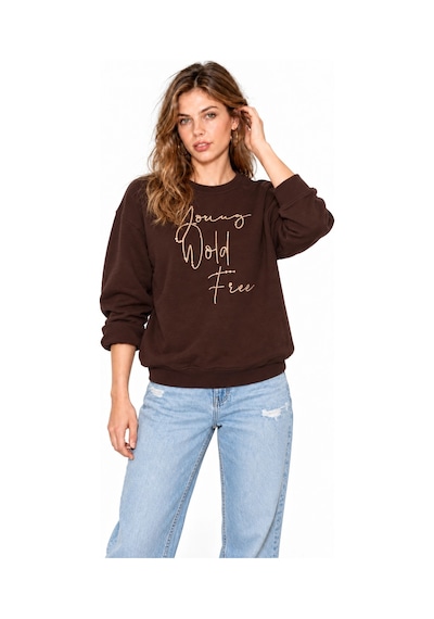 Mevese Kadın Parlak Taş Baskılı Salaş Kesim Üç İplik Sweatshirt - Acı Kahve Kahverengi