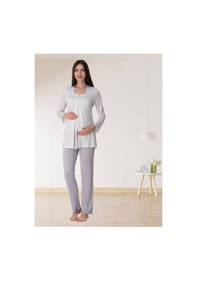 Effortt Dvina Lohusa Hamile Uzun Kollu Desenli Pijama Takımı - Gri Gri