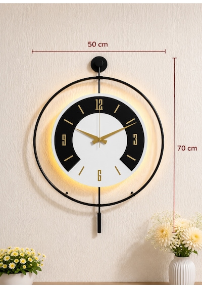 Pey Aksesuar 50x70 Cm Metal Ahşap Ve Işığın Muhteşem Uyumu Duvar Saati Dekoratif Ahşap-m54-siyah-beyaz-siyah-gold