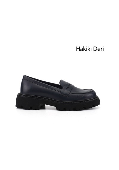 Gönderir Kadın Lacivert Antik Kalın Topuklu Hakiki Deri Loafer Ayakkabı Gdza13424353