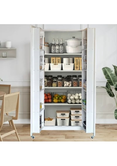 Hibe Çok Amaçlı 90 Derece Açılabilir 2 Kapaklı Kiler Erzak Mutfak Dolabı-90 Cm Beyaz