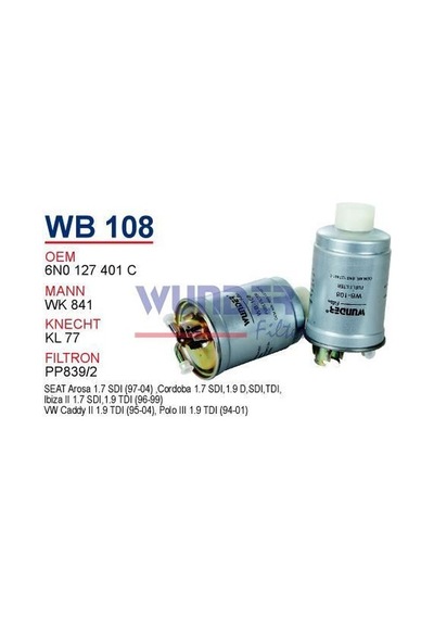 WUNDER WB108 Mazot Filtresi Volkswagen Caddy II 1.9(95-04)-Polo III 1.9TDI