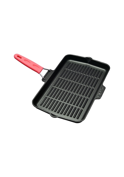 Lava Döküm Dikdörtgen Sığ Izgara Tavası Silikon Tel Saplı Ölçü 21x36cm. - Kırmızı