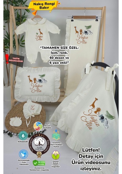 Gros Shop Müslin Yeni Doğan 4katlı Organik %100pamuk Kişiye Özgü Nakışlı Hastane Çıkış Seti Safari Model-3 Ekru