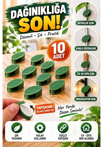 10'lu Yaprak Tasarımlı Yapışkanlı Bitki Klipsi Sarmaşık Sabitleyici Ve Kablo Düzenleme Aparatı Yeşil