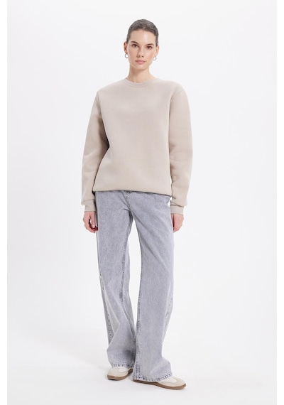 Tudors Kadın Oversize Geniş Kesim Pamuklu 3 İplik İçi Polarlı Basic Taş Bisiklet Yaka Sweatshirt-42070 Taş