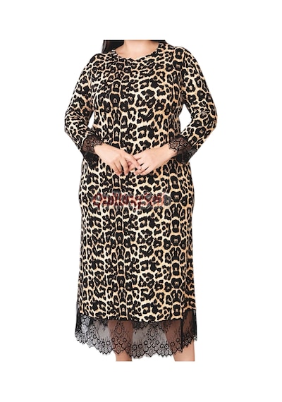 Lady Loepar Desenli Siyah Renkli 7284 Kadın, Uzun Kol Ve Dantel Detaylı Büyük Beden Anne Gecelik, Elbise Leopar