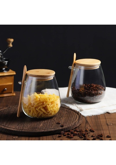 Tombul 3lü Borosilikat Cam Bambu Kapaklı Kavanoz Baharatlık Seti 600 Ml Şeffaf