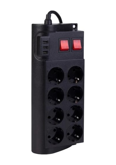 Şahnet FTR-08 8'li Siyah 2 Anahtarlı Akım Korumalı 3USB li Grup P