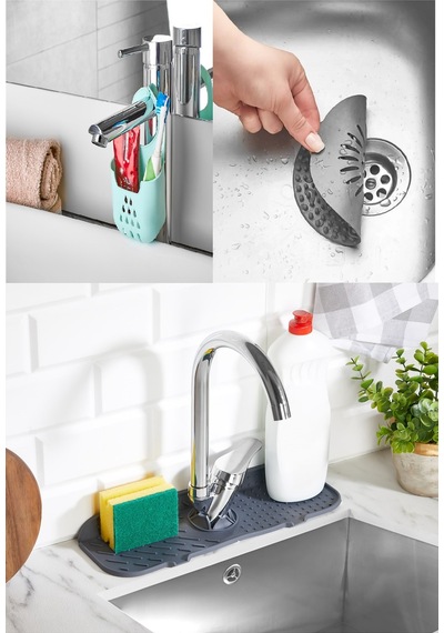 Antrasit Gri Su Tutucu Musluk Matı + Lavabo Süzgeci + Askılı Bulaşık Süngeri Düzenleyici 3 Lü Set Si Diğer